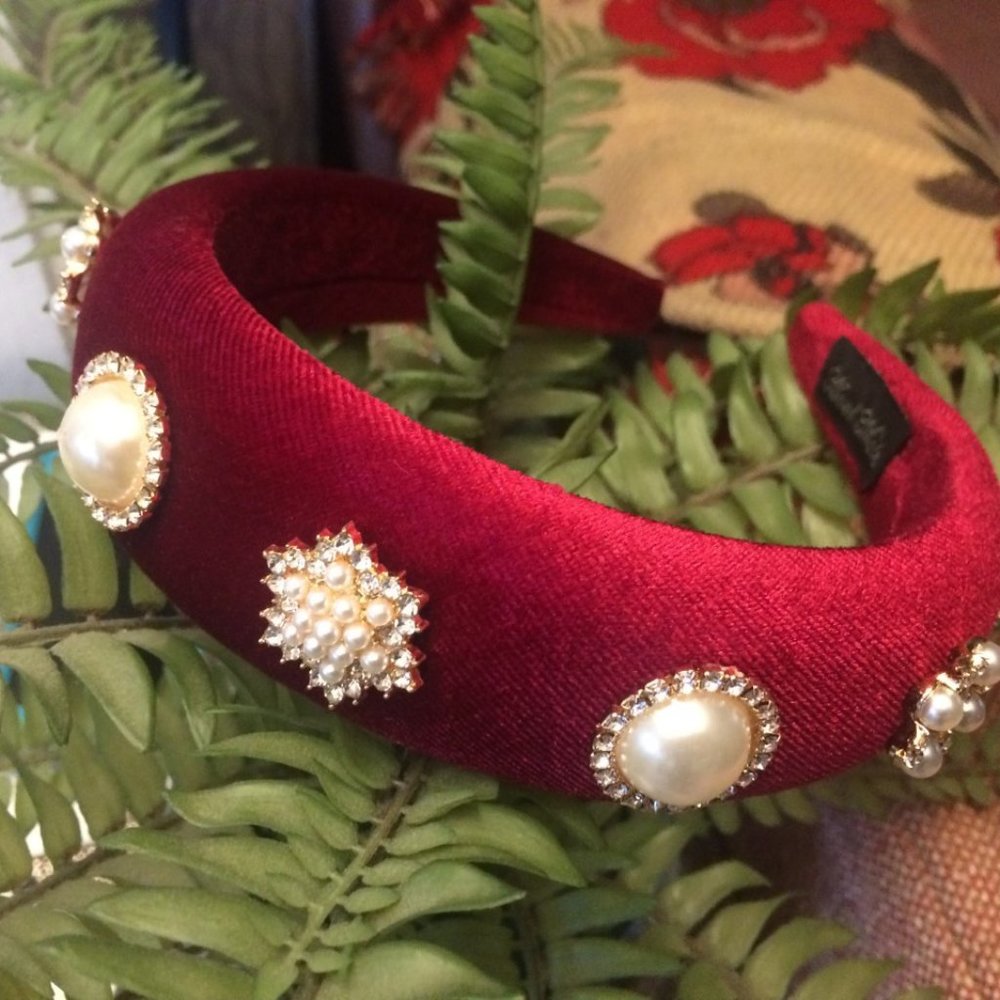 Statement padded embellished velvet red headband